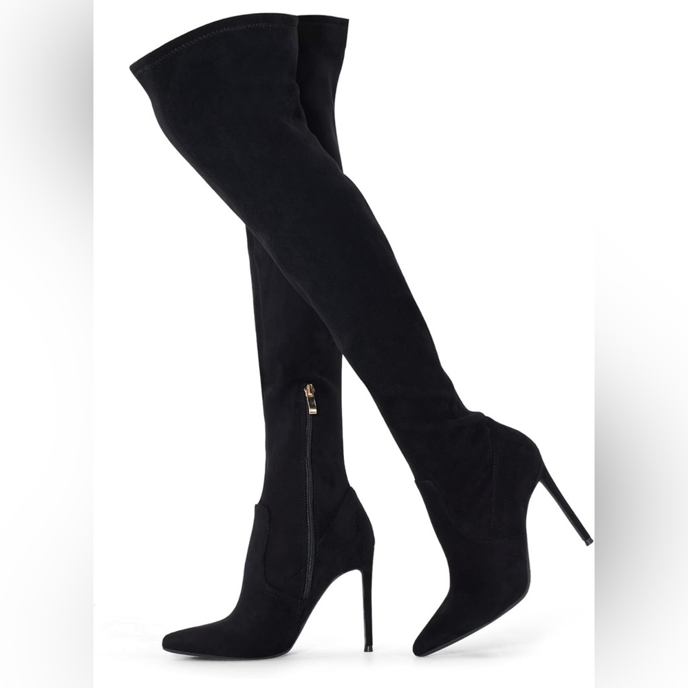 GENSHUO Over the Knee Boot with Heel Suede Thigh High Boot Stretch10 Pointed Toe